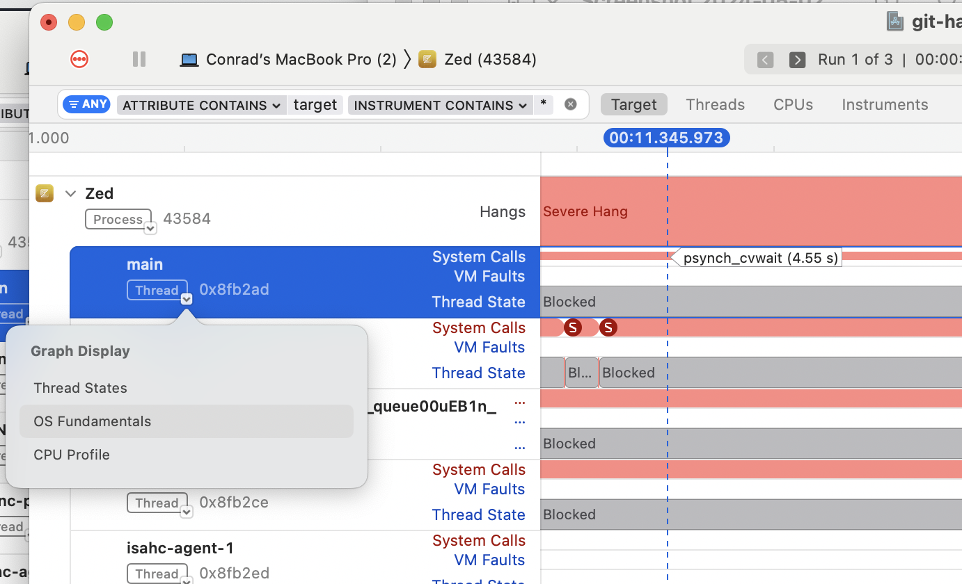 OS Fundamentals sub-instrument showing a psynch_cvwait syscall