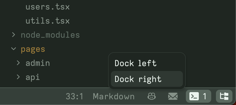 Screenshot showing the options for docking the terminal panel.