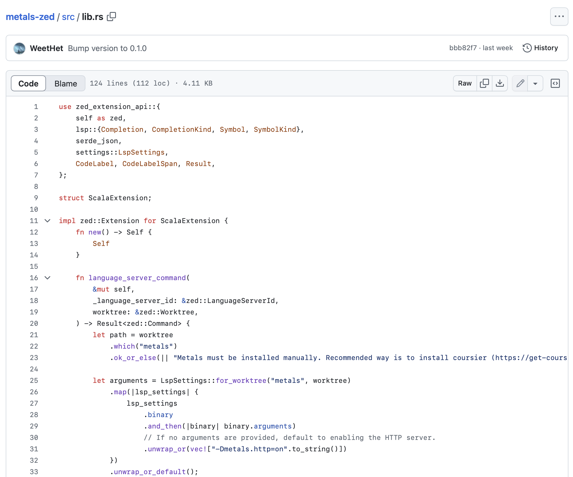 Screenshot of the single Rust file in the metals-zed repository